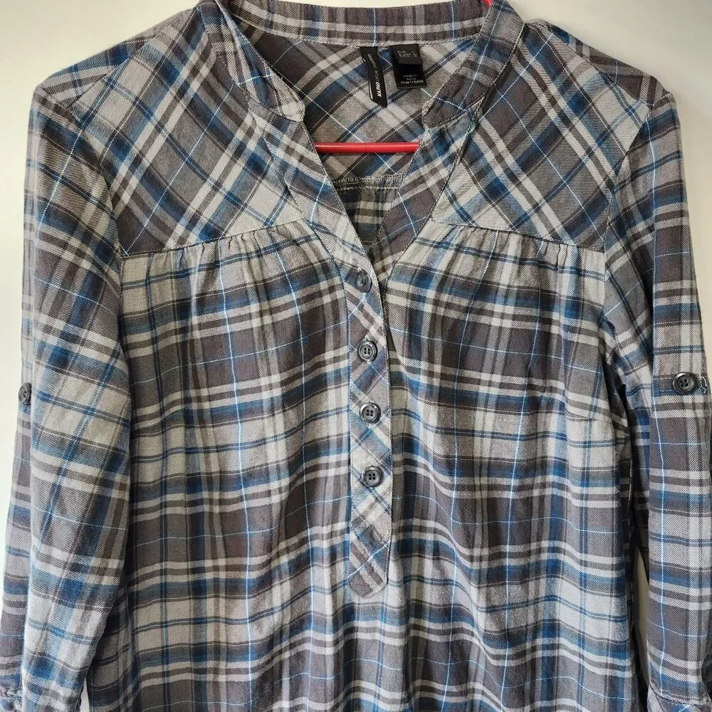 Mango MNG Plaid Tunic Shirt Dress Blue Gray Check 3/4 Sleeve Cotton Size Med - Picture 3 of 11